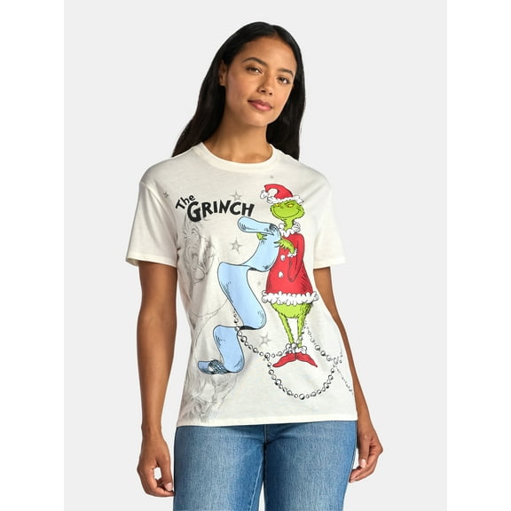 The Grinch Women's Front Back Christmas Graphic Tee with Short Sleeves, Sizes XXS-XXL