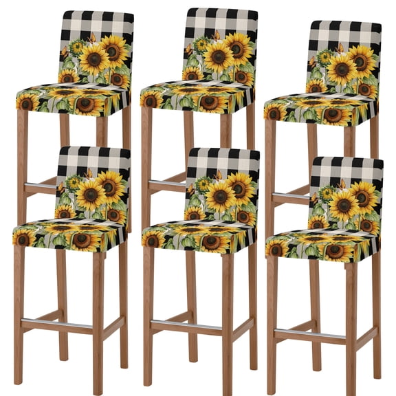 Sunflower Checkered Bar Stool Cover Set of 6, Black Buffalo Plaid Pastoral Flowers Stretch Bar Chair Cover, Removable Washable Pub Counter Stool Chair Slipcover for Kitchen Dining Room Pub Cafe