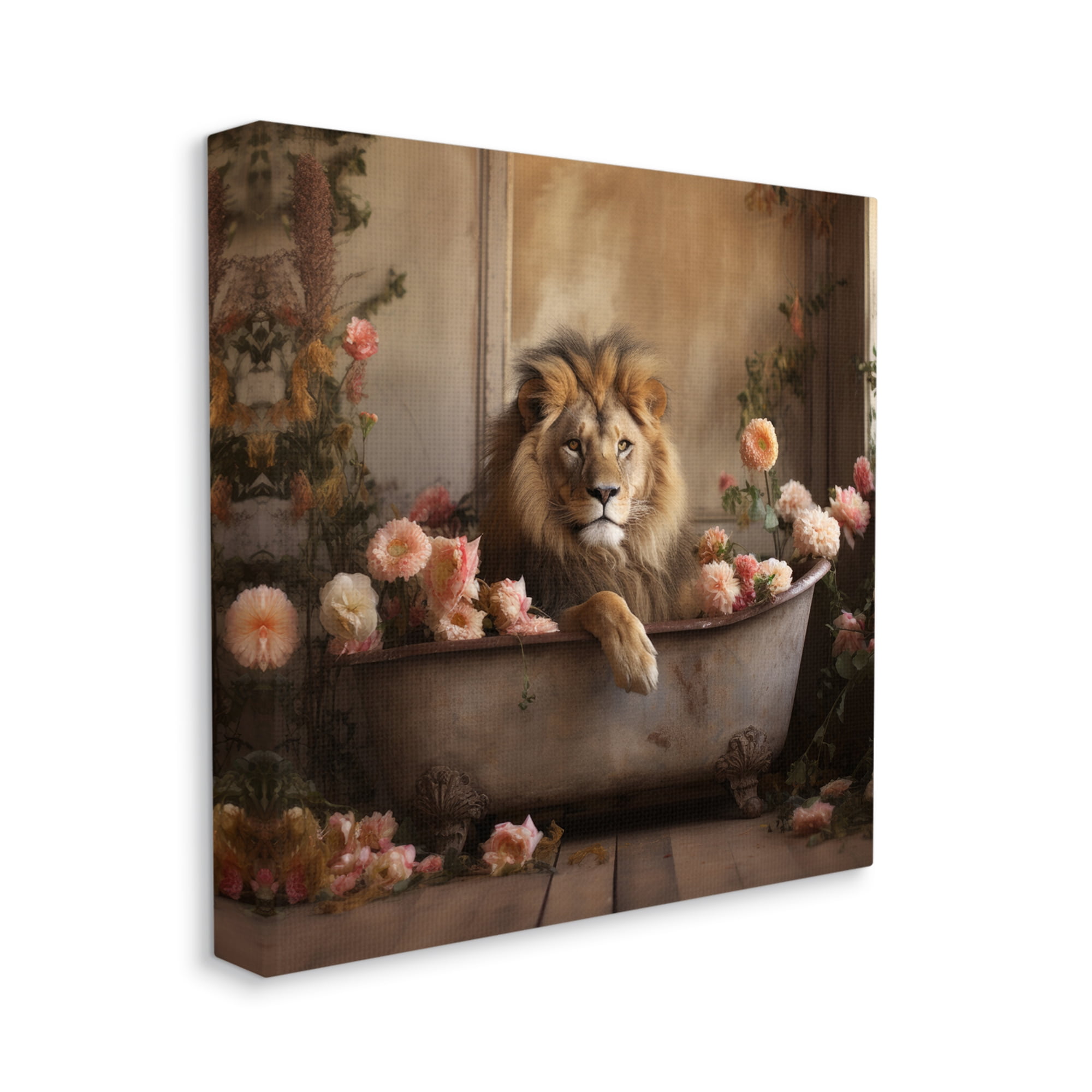 Stupell Industries Lion in Flower Filled Tub Animals & Insects Painting Gallery Wrapped Canvas Art Print Wall Art, 30 x 30