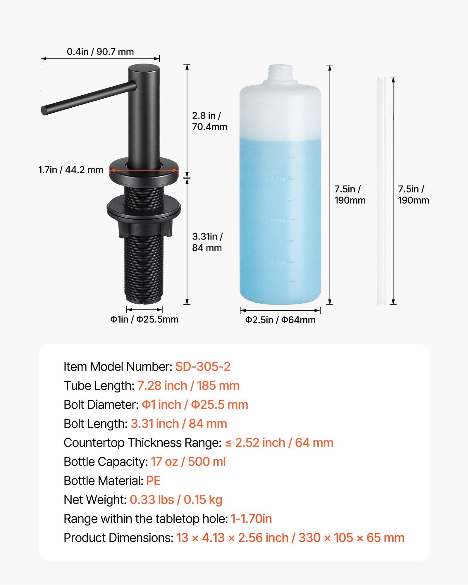 Professional Grade Built-in Sink Soap Dispenser, 17oz, 304 Stainless Steel, Durable and Corrosion Resistant