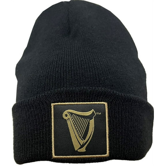 Black Guinness Harp Hat for Mens Woven Label Beanies 100% Acrylic