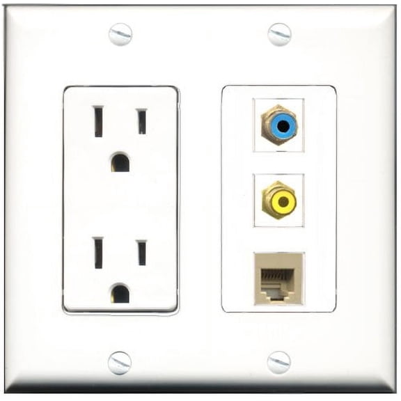 RiteAV - 15 Amp Power Outlet 1 Port RCA Yellow 1 Port RCA Blue 1 Port Phone Beige Decorative Wall Plate