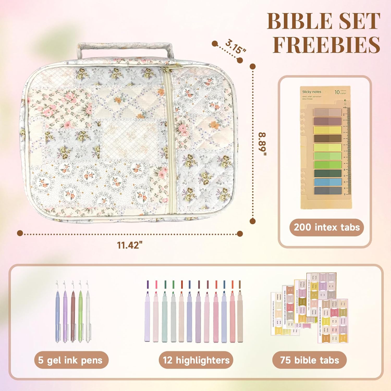 Bible Cover Case for Women,Bible Study Supplies Accessories,Bible Journaling Kit,Pink Flower Carrying Case with Highlighters - Spliced Flower