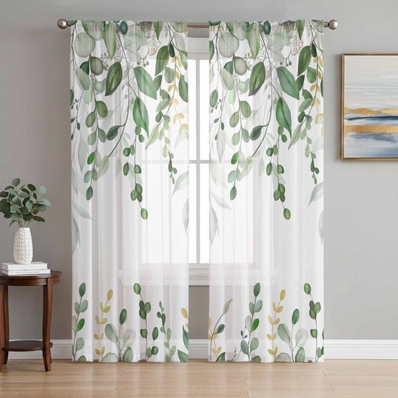 Sheer Curtains 72 Inches Long, Sage Green Eucalyptus Light Filtering Window Curtains for Living Room, Watercolor Spring Weeping Botanical Rod Pocket Voile Sheer Curtain Drapes, 52"W x 72"L, 2 Panels