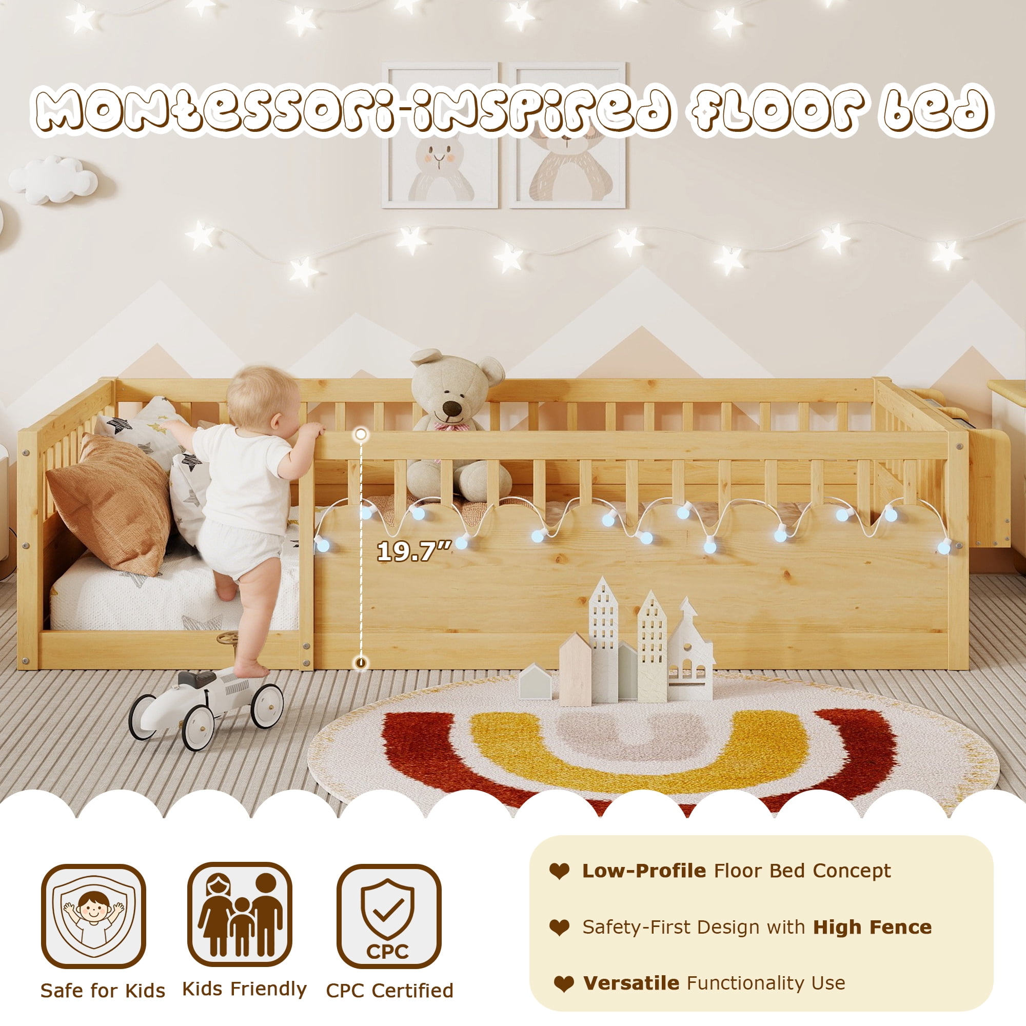 Twin Size Toddler Floor Bed Frame, Montessori Floor Bed with Guardrails, Pine Wood Bed Frame for Kids, No Slats Included, Natural