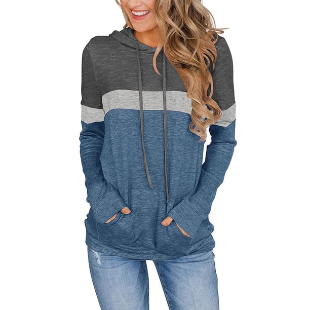Pntutb Mujer Casual Pacthwork Manga Larga Sudaderas Cordón Pullover Capucha tops Blusa Pntutb Pntutb-1040