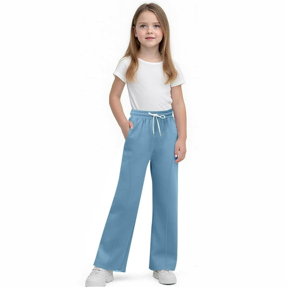 Cethrio Girls Straight Leg Sweatpants, Drawstring Elastic Waist Casual Warm Athletic Pants Light Blue Size 5T