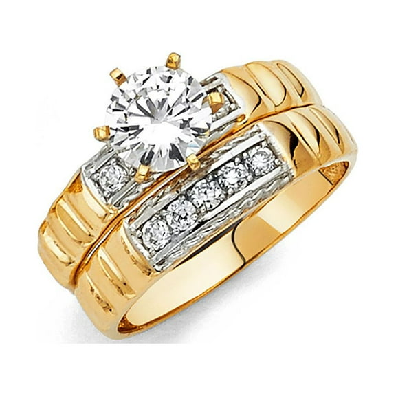 14k Yellow Gold Solitaire 1.20 ct CZ Wedding Band Ring Trio Set His & Hers