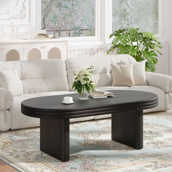Mid Century Modern Oval Fluted Coffee Table, Farmhouse Wood Coffee Table, Cocktail Table, Center Table for Living Room, Office, Home Decor(Black, 23.62" D x 47.24" W x 16.34" H)
