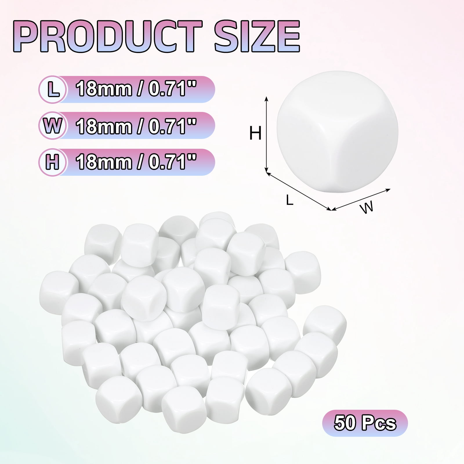 50Pack Acrylic Blank Dice, 18mm/0.71" Acrylic Rounded Corner Six Sided Blank White Dice Blocks with Smoothed Surface for Board Games Party Fun
