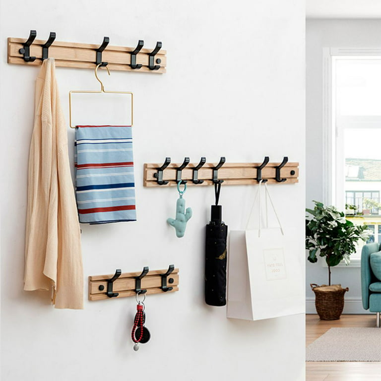 LFhope Coat Rack Wall Mount With Movable 5 Metal Hooks, Wooden