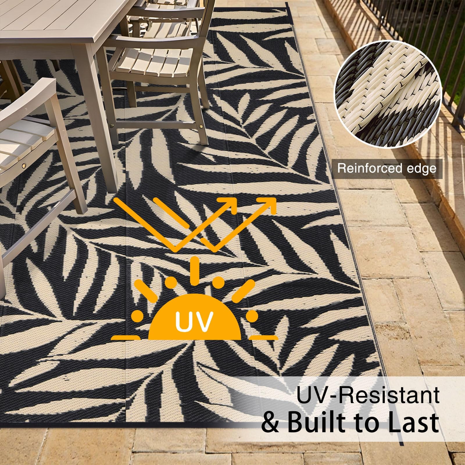 Smiry Outdoor Rugs 5x8, Waterproof Plastic Straw Indoor Outdoor Mat for Patio, RV Camping, Deck,Porch, Black & Beige