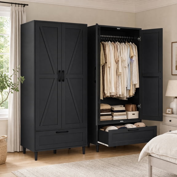 Gyger, 2 Doors Wardrobe Armoire Closet with Doors and Drawers, Farmhouse Wooden Armoire Storage Cabinet with Shelves & Hanging Rod for Bedroom,Black