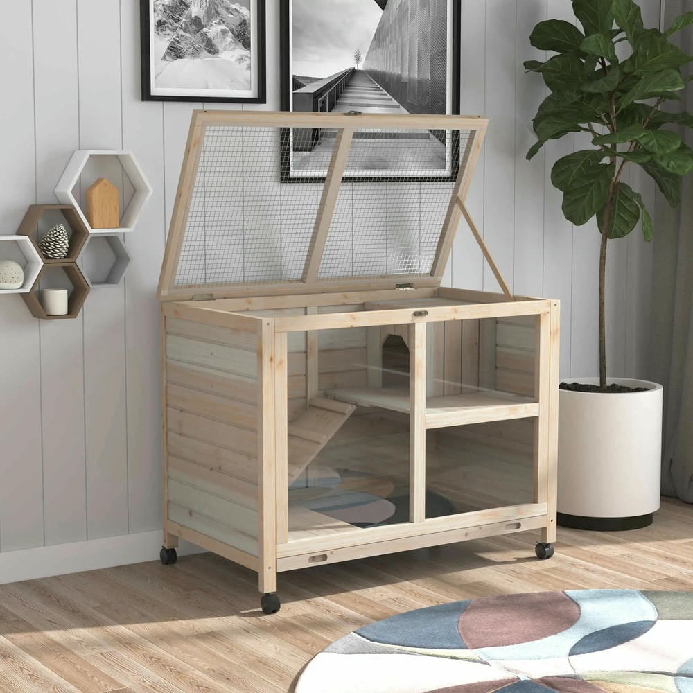 Spaco Rabbit Hutch with Wheels, Desk and Side Table Sized, Wooden Rabbit Cage, Waterproof Small Bunny Cage for Indoor & Outdoor, Beige