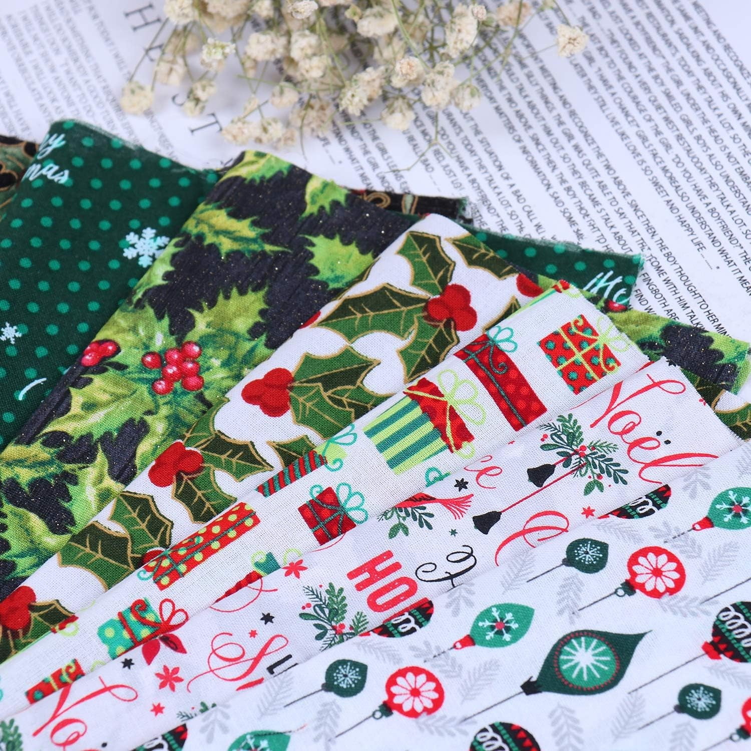 Pozyie 20 Pieces Christmas Cotton Fabric Bundles Sewing Square Patchwork Precut Fabric Scraps for DIY Christmas Stocking Tree Wreath Doll Dress Apron Quilt Coaster