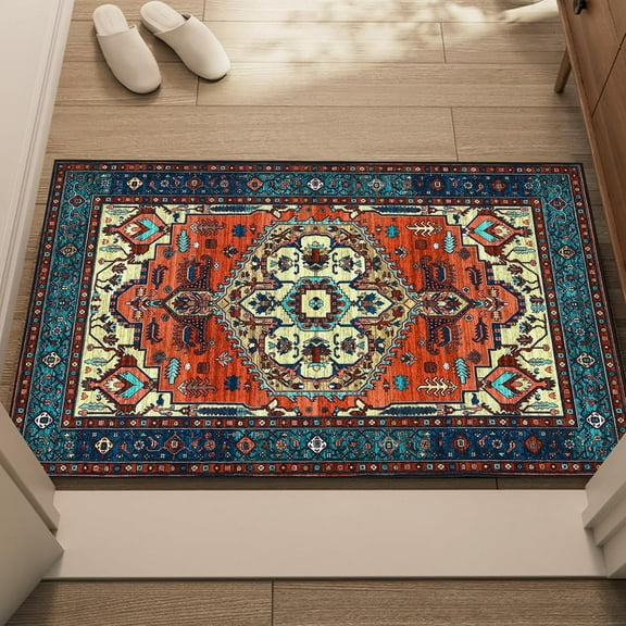 Boho Area Rug 2'' x 3'' Vintage Oriental Rug Washable Non-Slip Indoor Door Mat Small Entry Throw Rugs for Bedroom Kitchen Entryway Floor Decoration Carpet Terracotta