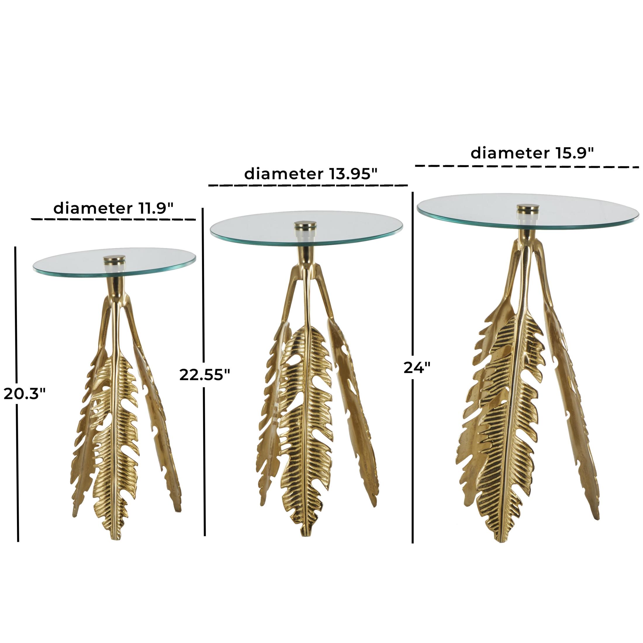 DecMode 16" x 24" Gold Aluminum Metal Leaf Accent Table with Tripod Legs and Tempered Glass Top, 3-Pieces