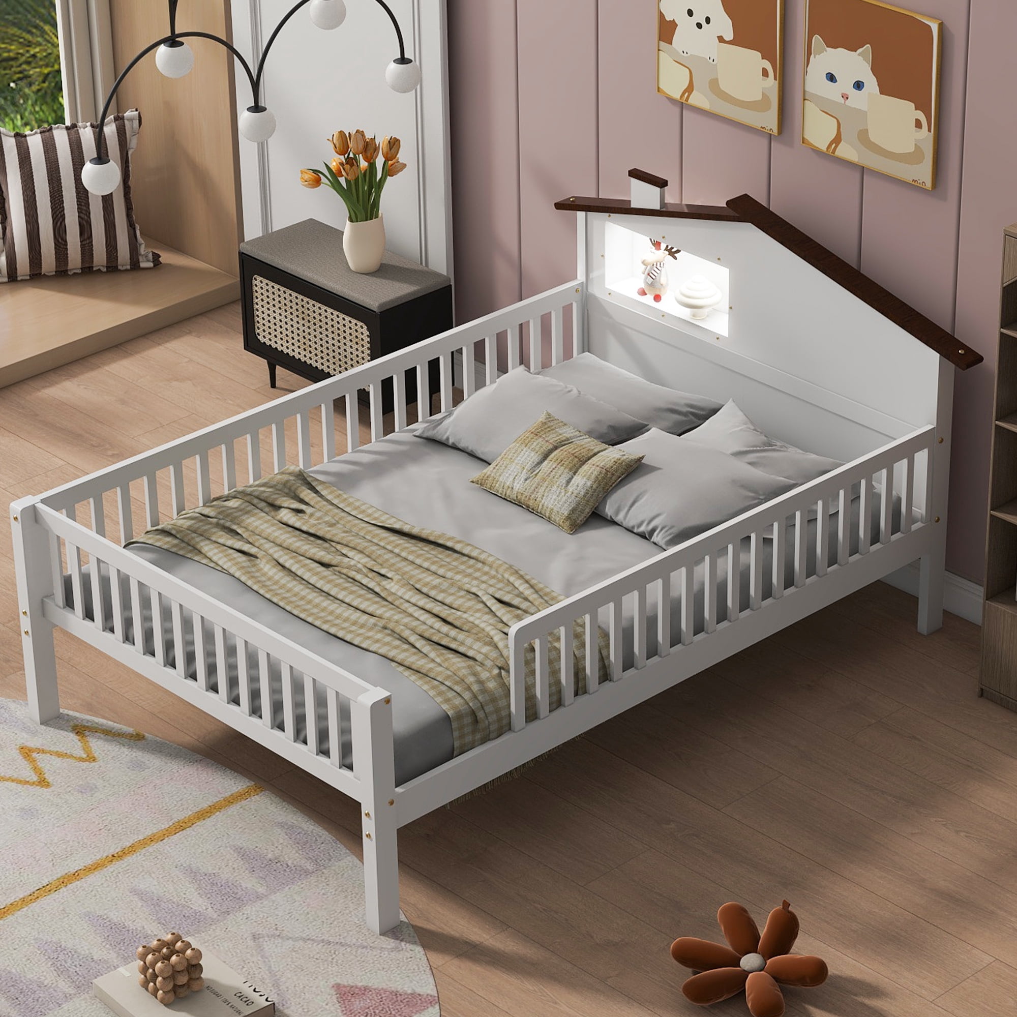 EUROCO Wood Full Size Platform Bed Frame with House Like Roof and LED Light, White