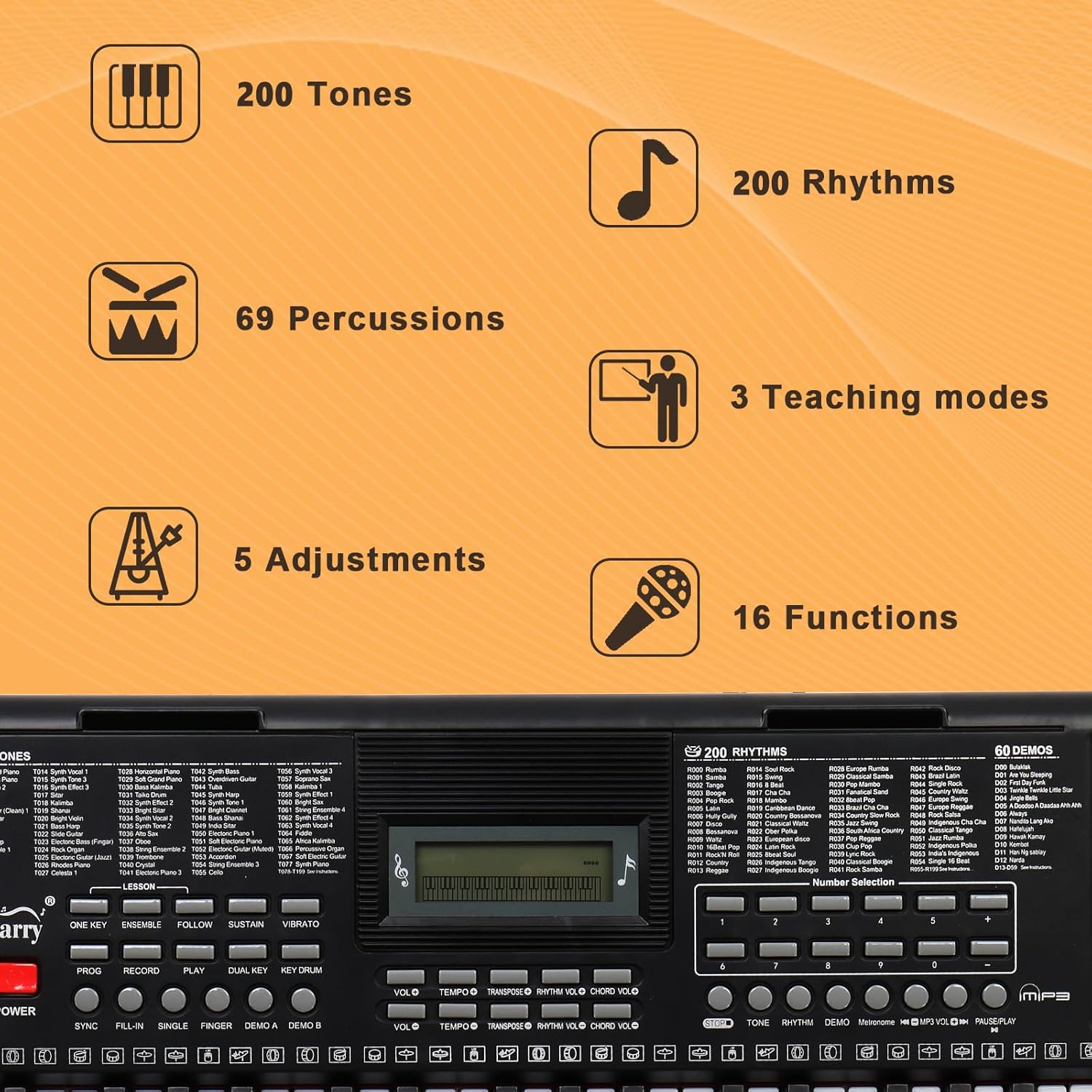 GLARRY 61-Key Portable Electronic Piano Keyboard w/LCD Screen, Microphone, Headphones, Sheet Stand, Power Supply, 3 Teaching Modes, Built-In Speakers, Dual Keyboard