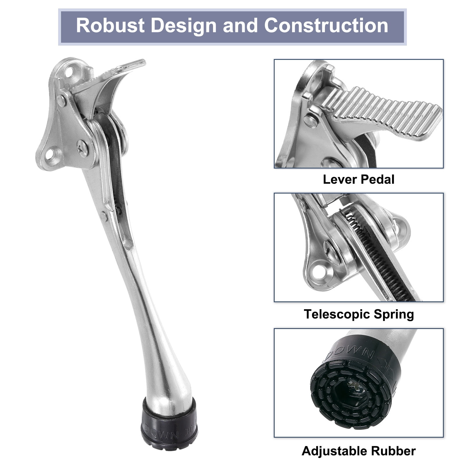 Uxcell 6 Inch Kickdown Door Stopper, One Touch Pedal Heavy Duty Door Stop Holder, Height-Adjustable Rubber Foot, (Silver, 2 Pack)