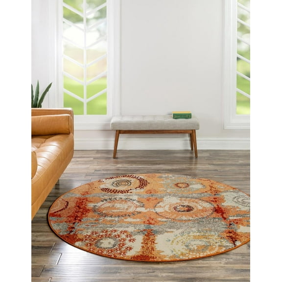 Unique Loom Sierra Estrella Rug Orange/Beige 8' Round Geometric Modern Perfect For Dining Room Entryway Bed Room