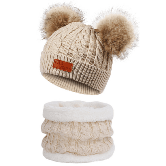 Double Pom Pom Knit Hat & Matching Scarf Set in Cozy Colors Child's Winter Warmth