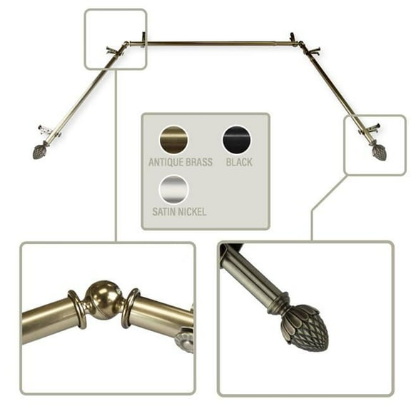 Central Design ABay-67-4 0.8125 in. Opal Bay Window Curtain Rod with Side Rod Extends Upto 20 to 36 in. & Center Rod Extends Upto 38 to 72 in., Antique Brass
