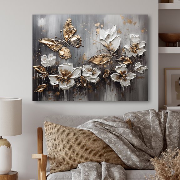 Designart "Golden White Butterfly Wings And Flowers III" Floral Wall Decor