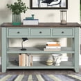 thumbnail image 2 of 48" Rustic Console Table, Solid Pine Wood Long Console Table Sofa Table with 3 Drawer and 2-Tier Open Storage Shelf, Console Table for Living Room, Hallway, Easy to Assemble, Green, 2 of 7