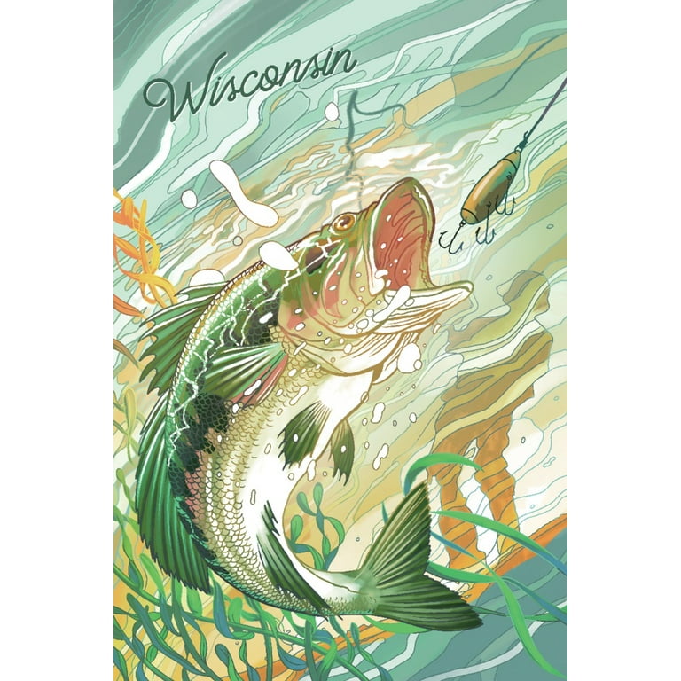 Wisconsin, Fish All Day, Bass (12x18 Wall Art Poster, Room Decor) 