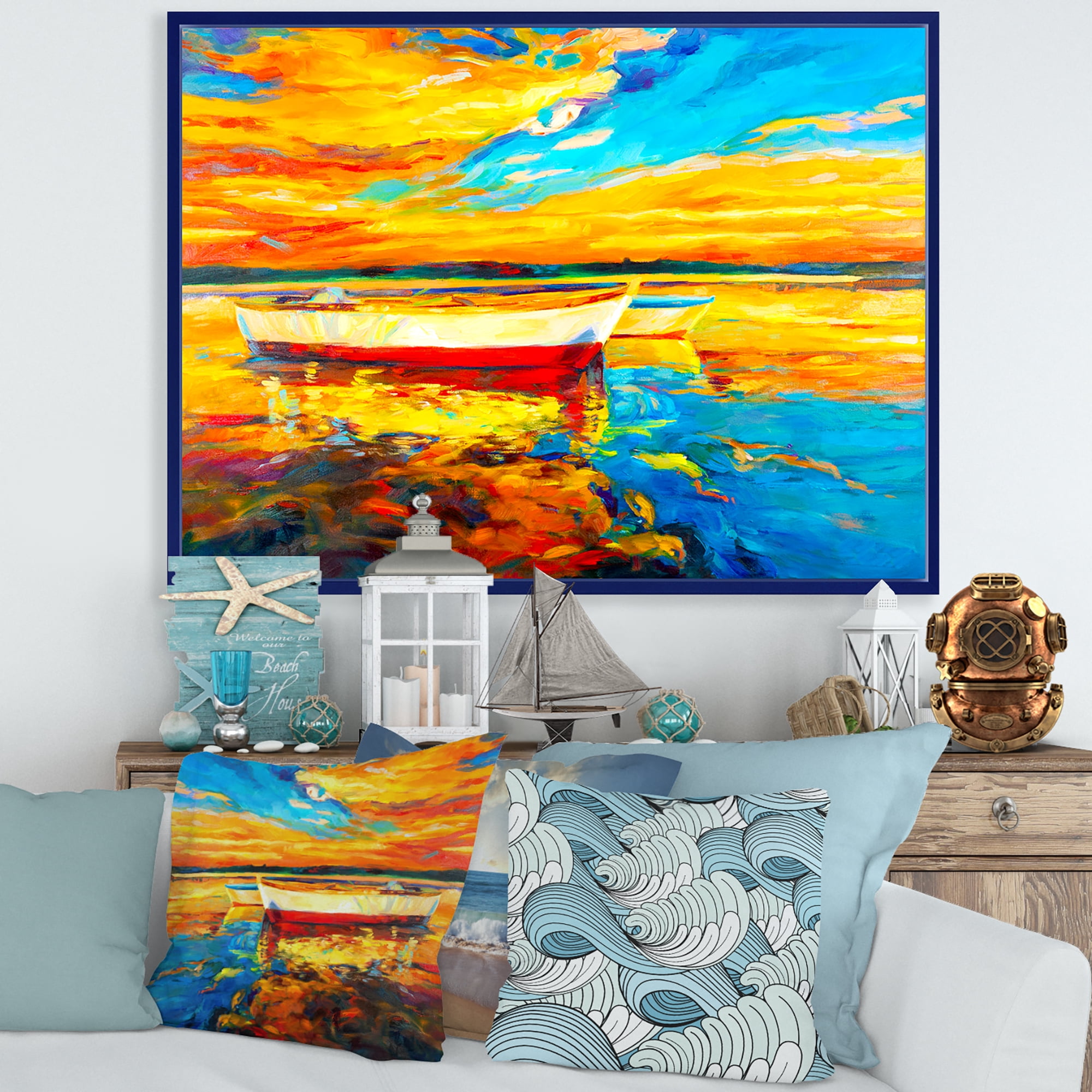 Designart 'Red and White Boats By The Pier At A VIbrant Sunset' Nautical & Coastal Framed Canvas Wall Art Print