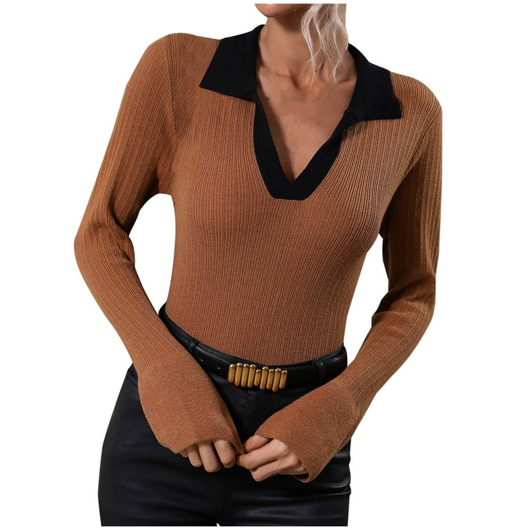 YWDJ Sweaters for Women Trendy Plus Size Casual Solid Knitting Slimming  Trumpet Sleeve Long Sleeve V Neck Sweaters Tops Blouse Polyester Brown L
