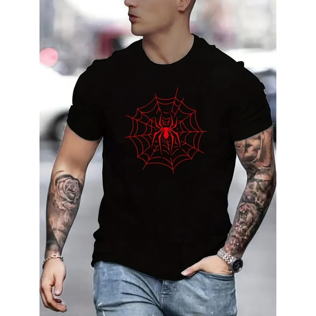 Spider Creative Print Men's Short Sleeve T-Shirt, Casual Round Neck Top, Versatile And Comfortable Tee, Spring& Summer Collection