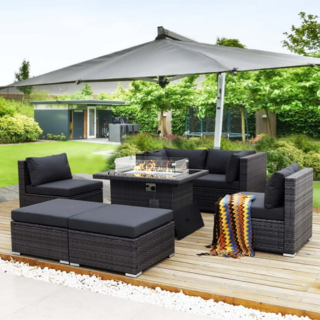 NICESOUL 7PCS Large Outdoor Patio Furniture Set with Propane Fire Pit Table High Back Wicker Patio Sectional Furniture PE Rattan Sofa Conversation Sets w/CSA Approved 43 Gas Fire Pit (Dark Grey)