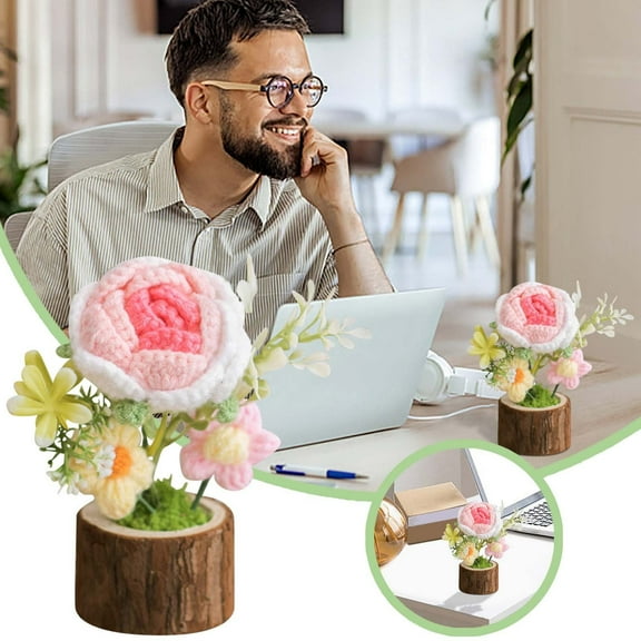 Desktop Ornament Handmade Knitted Potted Crochet Flower Bouquet for Home Desk Decoration Ideal for Housewarming