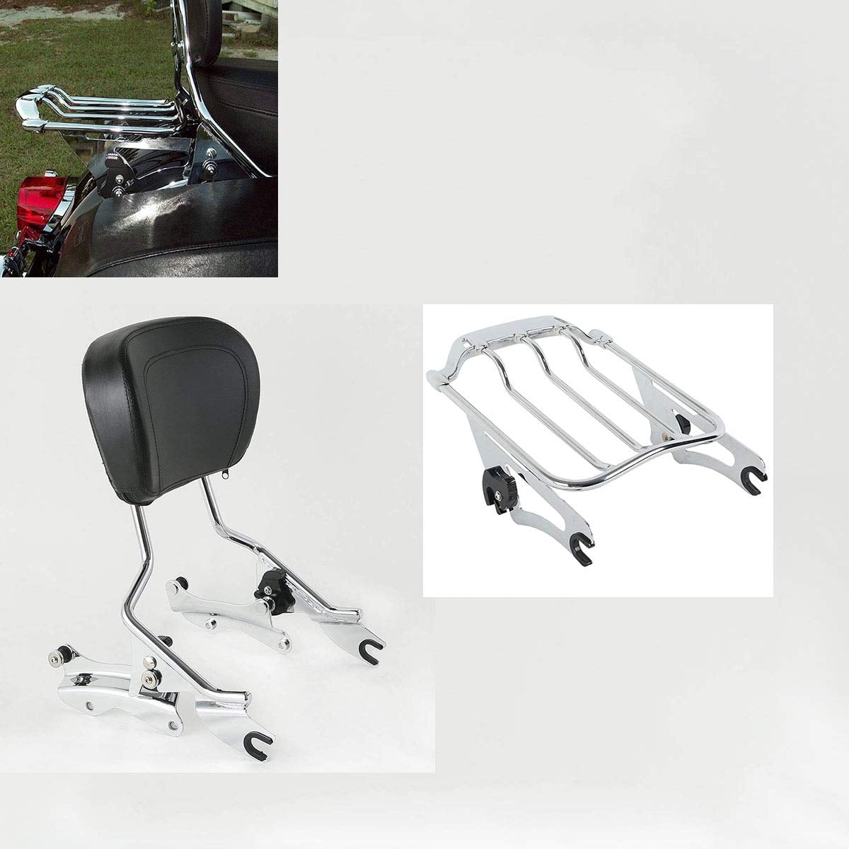 XFMT Chrome Detachables Backrest Sissy Bar Upright w// 2 Up Air Wing Luggage Rack 4 Point Docking Hardware Kits Compatible with Harley Touring 2014-2019
