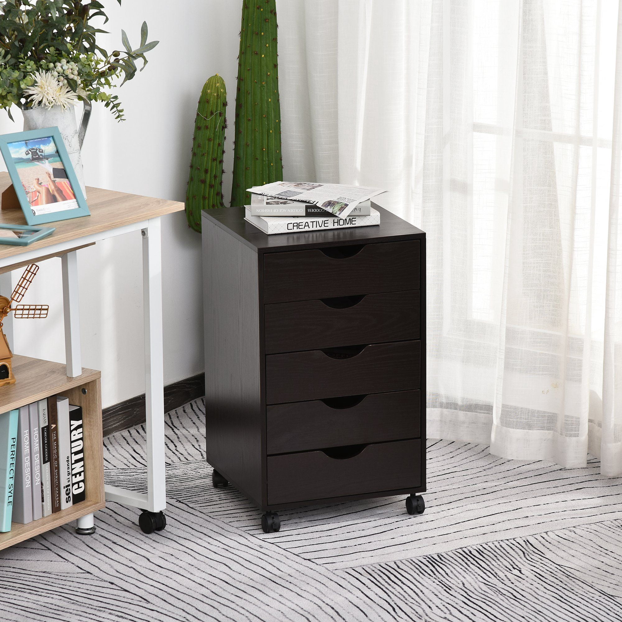 HOMCOM 5-Drawer File Cabinet, Modern Nordic Style Brown Wood Storage Organizer with Smooth Casters and Locking Brakes for Home Office, Living Room, and Workspace, 15.75"x15.75"x26.5"