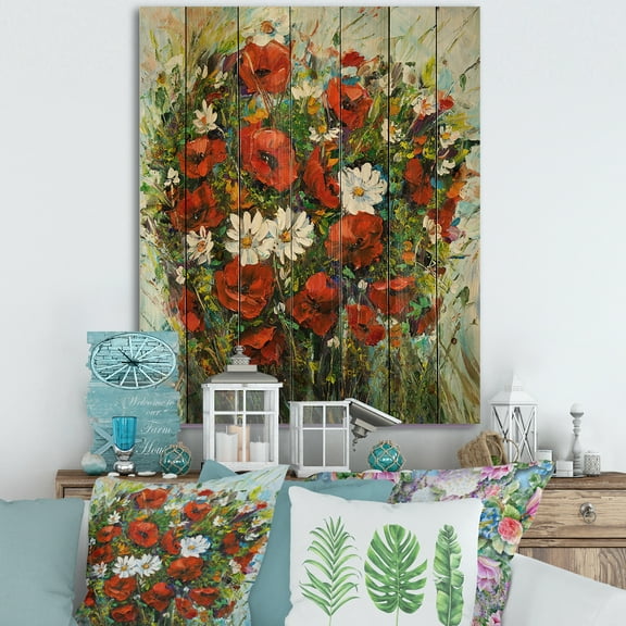 Designart 'Bouquet Of White and Red Wildflowers' Traditional Print on Natural Pine Wood