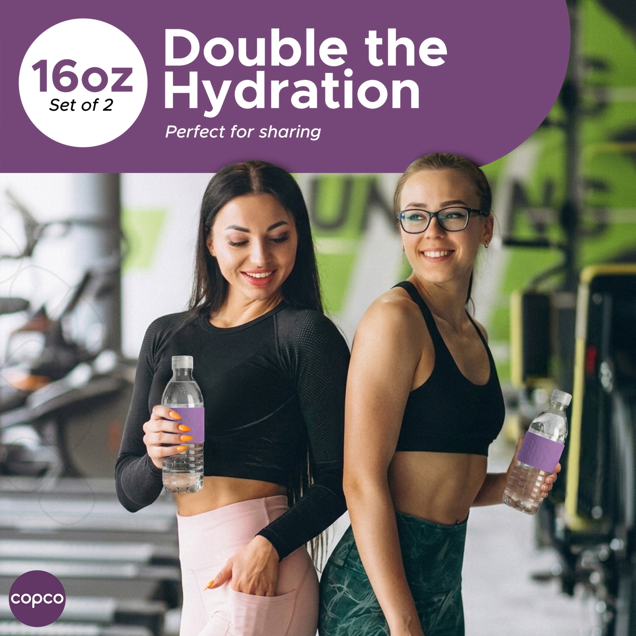Copco Hydra Reusable Water Bottles, Set of 2, Non-Slip Sleeve, Spill Resistant Lid, Clear Water Bottles for School, Gym, & Travel, 16 Oz (Purple)