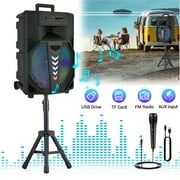 Portable Bluetooth Speaker with Stand, 8" 12" 15" Subwoofer, Heavy Bass PA System, TWS, FM, AUX, LED Lights, Mic, Tripod, Handle, for RV Car Truck Karaoke, Rechargeable