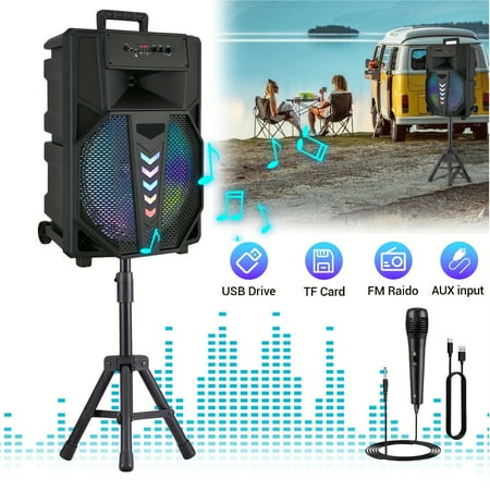 Portable Bluetooth Speaker with Stand, 8" 12" 15" Subwoofer, Heavy Bass PA System, TWS, FM, AUX, LED Lights, Mic, Tripod, Handle, for RV Car Truck Karaoke, Rechargeable