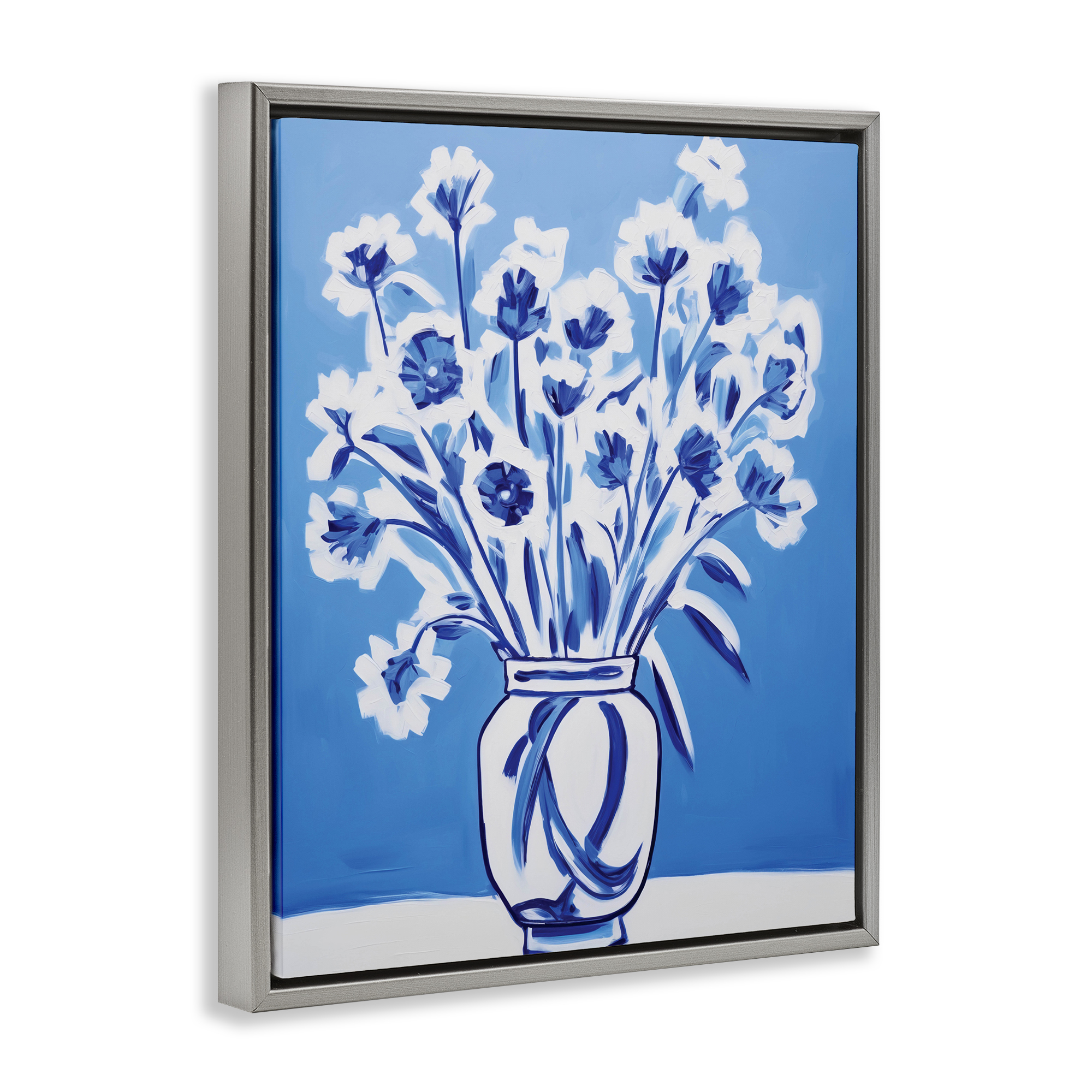 Blue & White Contrast Flowers Gray Framed Floater Canvas Wall Art, design by Lettered and Lined