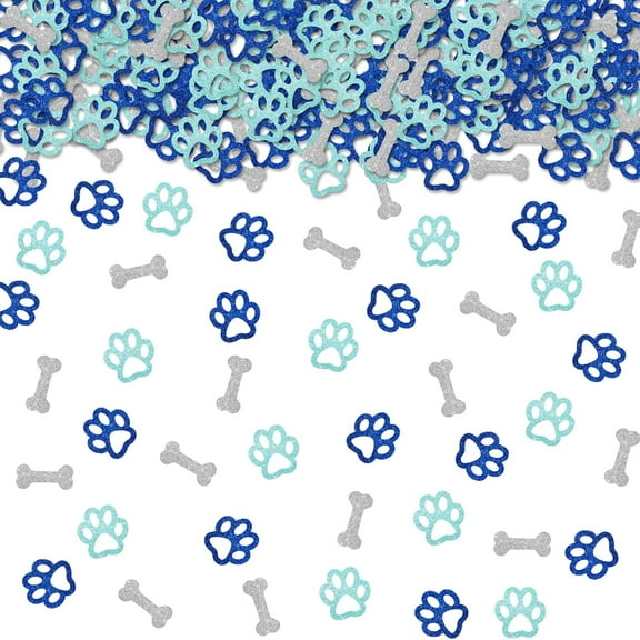 100pcs Dog Paw Confetti, Blue Glitter Puppy Birthday Table Confetti, Paw Bone Cut Outs for Pet Themed Birthday/Baby Shower Party Table Decoration