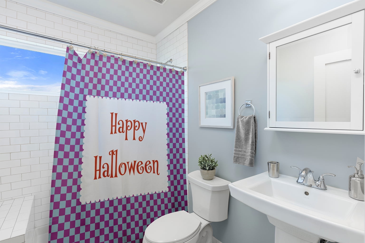 Simply Daisy 70" W x 73" L Halloween Happy Halloween Checks Polyester Shower Curtain, Orchid [1 Ct]