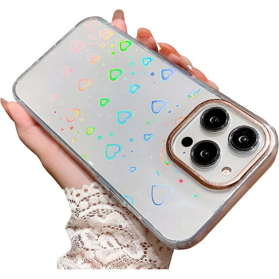 Compatible for iPhone 14 Pro Max Case Laser Heart Pattern, Cute Glitter Bling Rainbow Holographic Clear Case for Women Girls Soft TPU Shockproof Camera Protective Back Cover Case - Heart