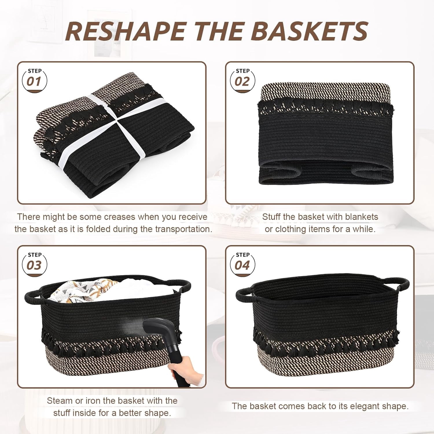 Natubeau 3 Pack Woven Storage Baskets, Black 22L Large Storage Basket for Organizing, Cotton Rope Storage Bins with Heavy Tassel, Cube Laundry Baskets