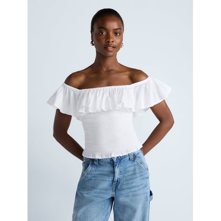 Scoop Women’s and Women’s Plus Off-the-Shoulder Smocked Ruffle Cotton Top, Sizes XS-4X