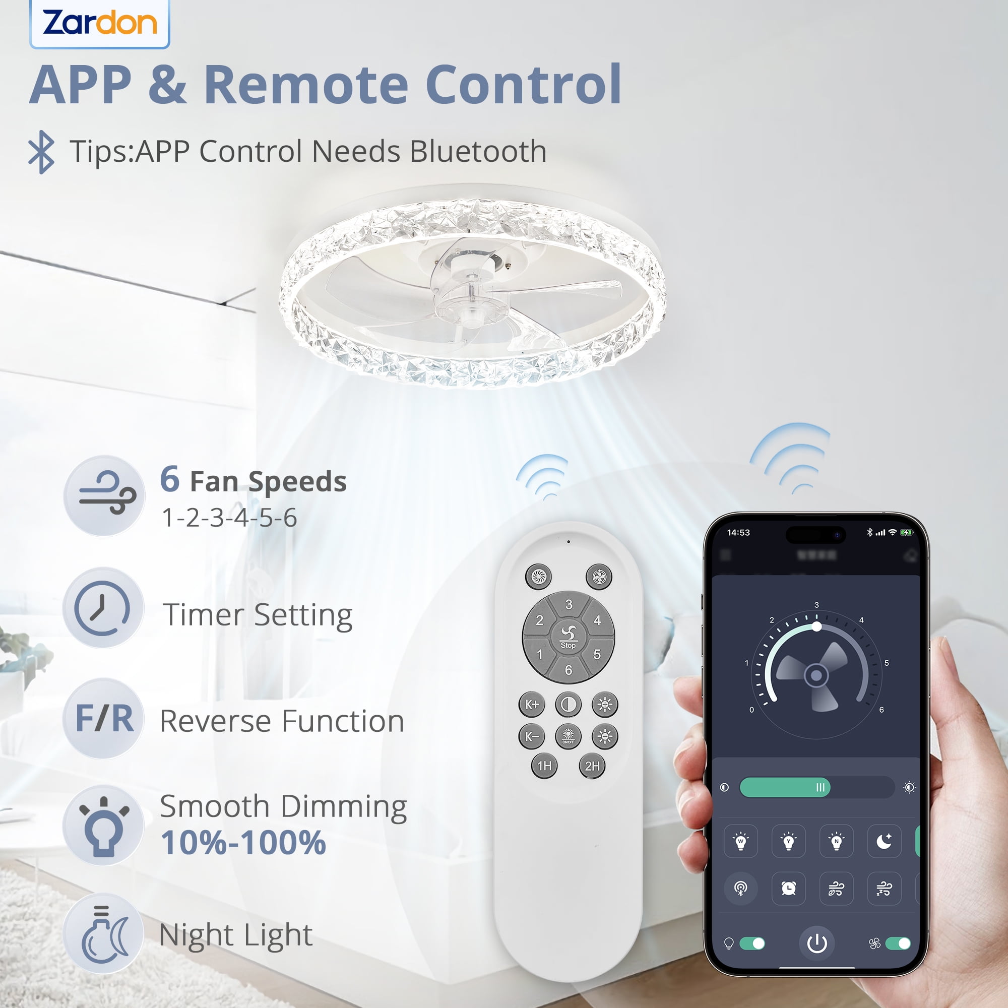 Zardon 20" Modern Ceiling Fan with LED Light and Remote, App Control, Low Profile Ceiling Fan for Bedroom, Kitchen, Living Room, White