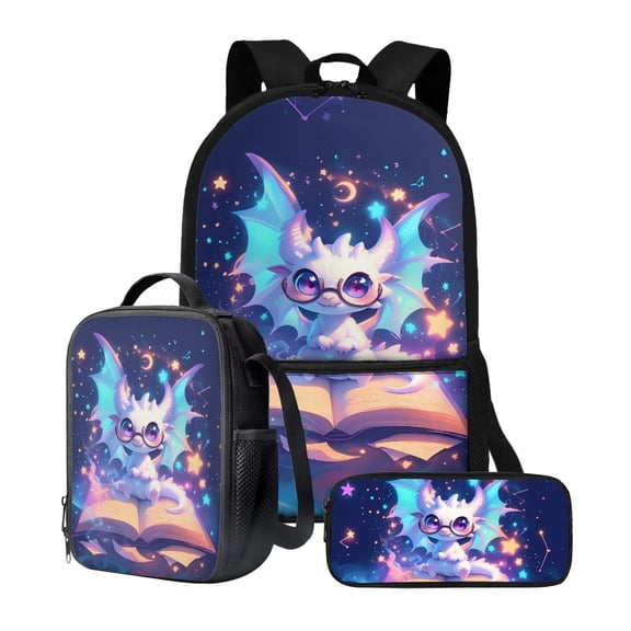 Yuyamidu Cute Dragon Kids Backpack Set Girls 3 PCS Kids Backpack with Lunch Bag Pen Bag Set Large Capacity Bookbag Casual Daypack Elementary School Boys and Girls
