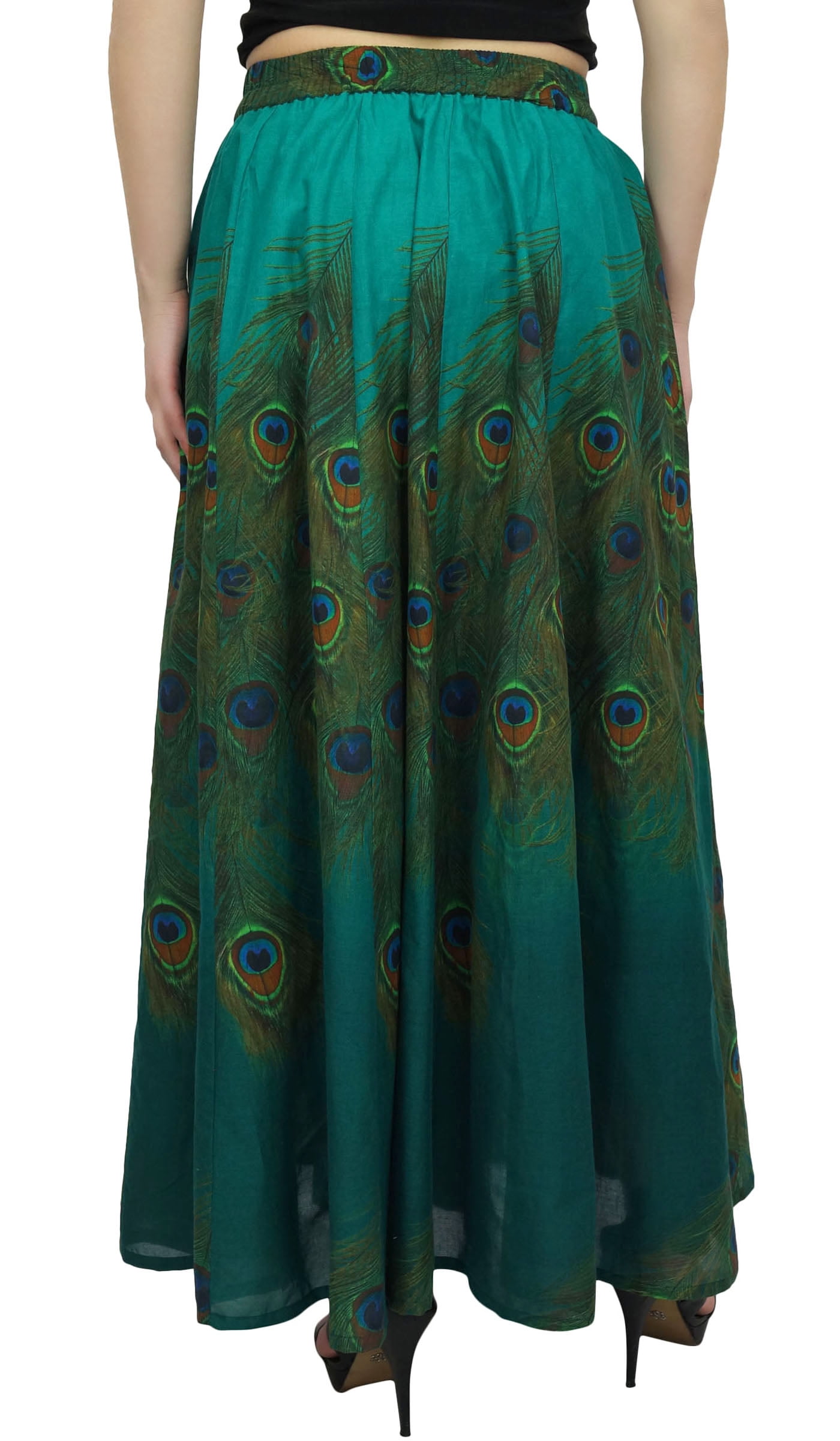 Bimba Women's Peacock Feather Print Cotton Skirt - Elastic Waist, 40 Inch Length, Summer Flared Skirt